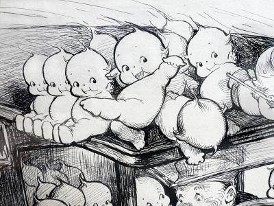 Rose Cecil O Neill Kewpie Car Hop On and Go to a Happy Place Pen and Ink Original