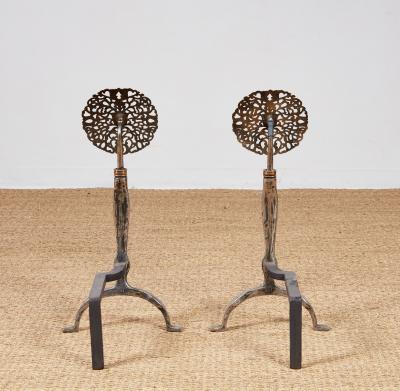 Rose Head Brass and Steel Andirons