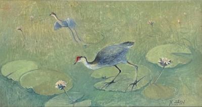 Rosemary Hain Rosemary Hain Waterlilies with Swamp Hen