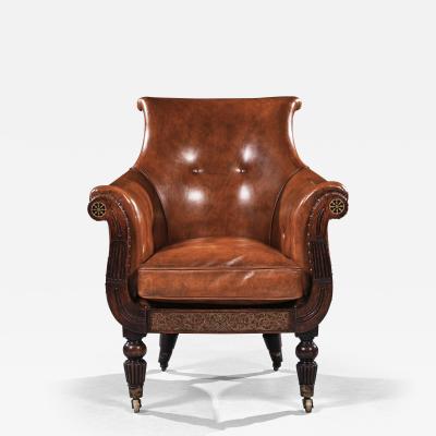 Rosewood and Brass Inlaid Leather Library Bergere Armchair