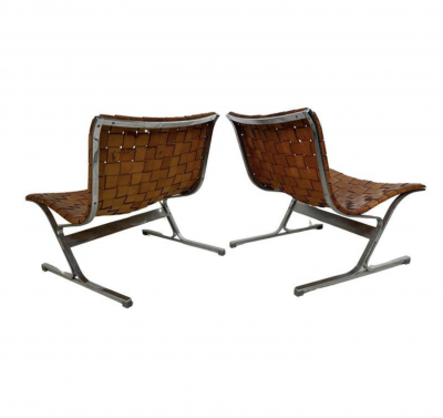 Ross F Littell Mid Century Pair of Lounge Chairs by Ross Littell for ICF Cognac Leather Italy