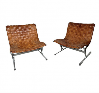 Ross F Littell Mid Century Pair of Lounge Chairs by Ross Littell for ICF Cognac Leather Italy