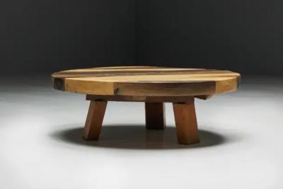 Round Artisan Wooden Coffee Table France 1950s
