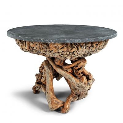 Round Bluestone Top Natural Root Wood Base Table