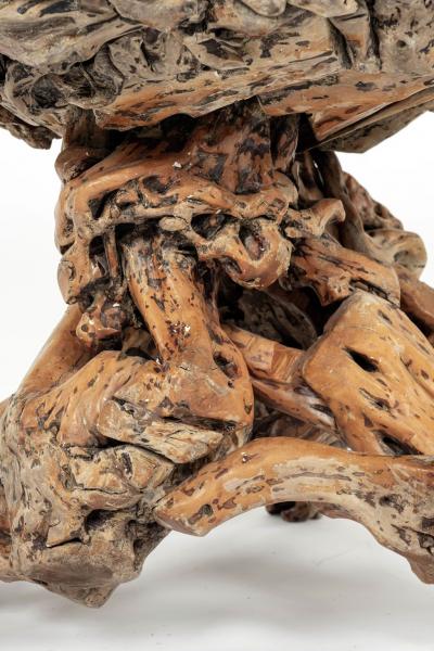 Round Bluestone Top Natural Root Wood Base Table