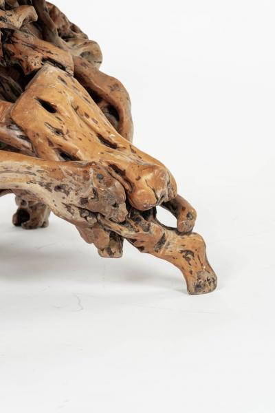 Round Bluestone Top Natural Root Wood Base Table