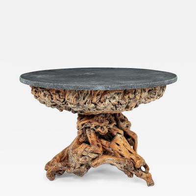 Round Bluestone Top Natural Root Wood Base Table