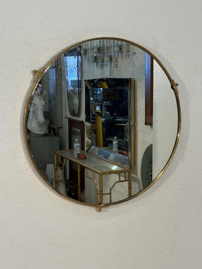 Round Brass Framed Wall Mirror with Decorative Mounts Italy 1960s