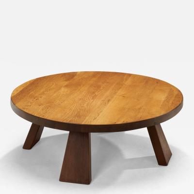 Round Brutalist Oak Coffee Table Europe Mid 20th Century