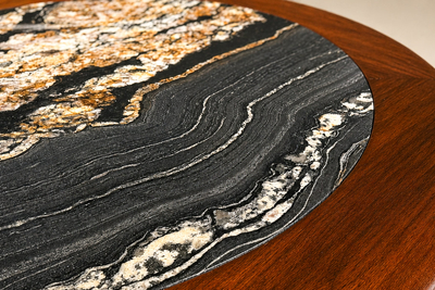 Round Coffee Table in Imbuia Wood Black Fossil Stone Brazilian Modern