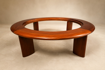 Round Coffee Table in Imbuia Wood Black Fossil Stone Brazilian Modern