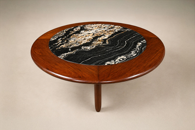 Round Coffee Table in Imbuia Wood Black Fossil Stone Brazilian Modern