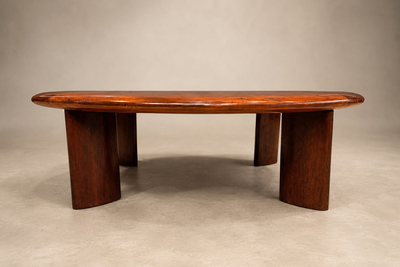 Round Coffee Table in Imbuia Wood Black Fossil Stone Brazilian Modern