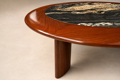Round Coffee Table in Imbuia Wood Black Fossil Stone Brazilian Modern