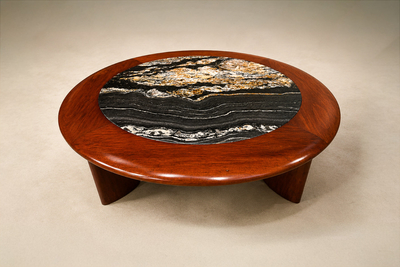 Round Coffee Table in Imbuia Wood Black Fossil Stone Brazilian Modern
