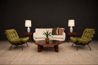 Round Coffee Table in Solid Hardwood Black Leather Brazilian Modern 1970s