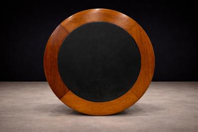 Round Coffee Table in Solid Hardwood Black Leather Brazilian Modern 1970s