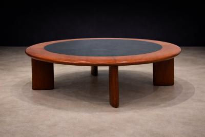 Round Coffee Table in Solid Hardwood Black Leather Brazilian Modern 1970s