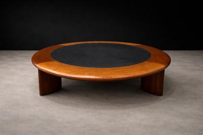 Round Coffee Table in Solid Hardwood Black Leather Brazilian Modern 1970s