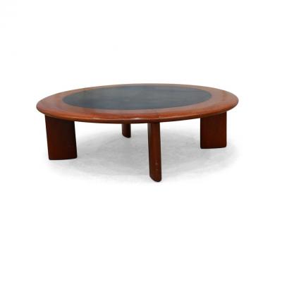 Round Coffee table in Hardwood Black Leather Unknown 1970s Lot 558