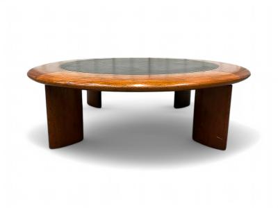 Round Coffee table in Hardwood Black Leather Unknown 1970s Lot 558