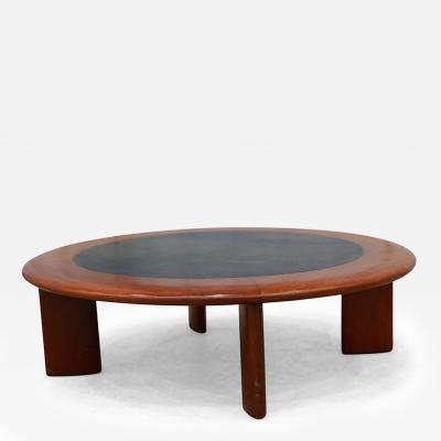 Round Coffee table in Hardwood Black Leather Unknown 1970s Lot 558