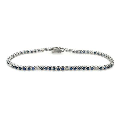 Round Cut Blue Sapphire Diamond Prong Set Tennis Bracelet in 14K White Gold