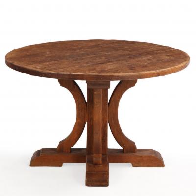Round French Oak Brutalist Dining Table with Hand Gouged Tabletop C 1940