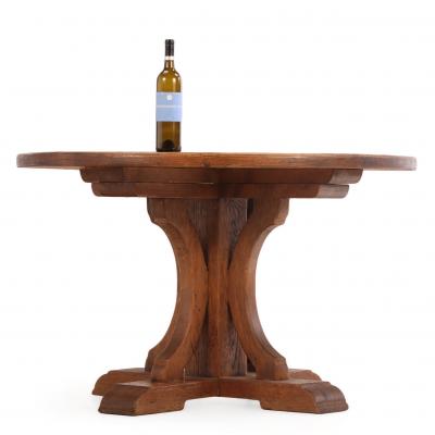 Round French Oak Brutalist Dining Table with Hand Gouged Tabletop C 1940