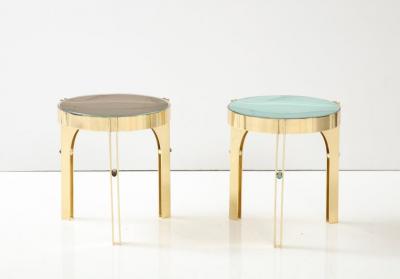 Round Martini Drinks Side Table in Brass with Soft Green Optical Glass Italy