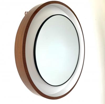 Round Mid Century Backlit Vanity Mirror with Walnut Frame Italy 1960s