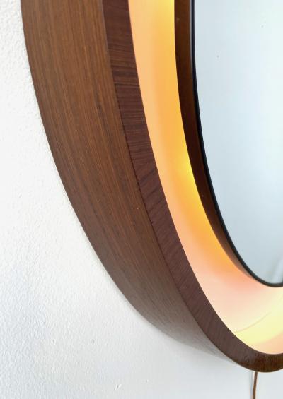 Round Mid Century Backlit Vanity Mirror with Walnut Frame Italy 1960s