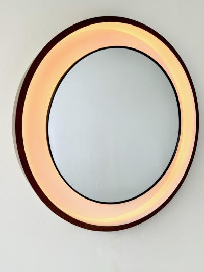 Round Mid Century Backlit Vanity Mirror with Walnut Frame Italy 1960s