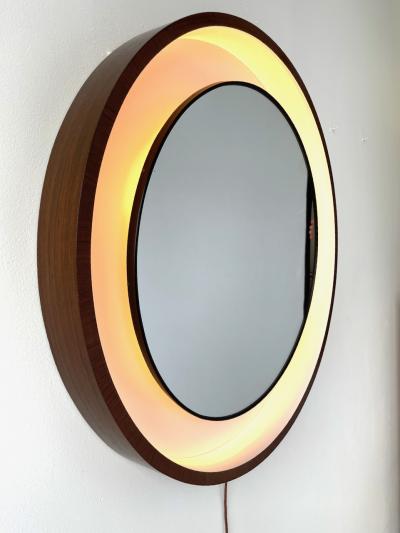 Round Mid Century Backlit Vanity Mirror with Walnut Frame Italy 1960s