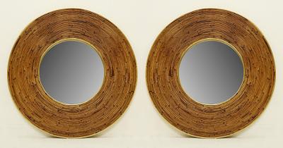 Round Mid Century Modern Mirror with Wicker Frame
