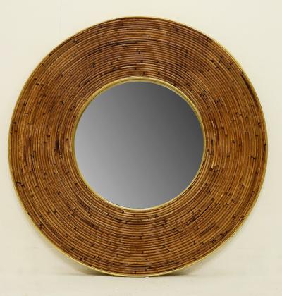 Round Mid Century Modern Mirror with Wicker Frame
