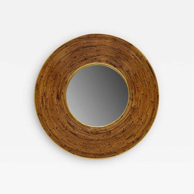 Round Mid Century Modern Mirror with Wicker Frame
