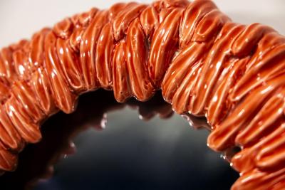 Round Mirror with Orange Red Ceramic Frame Italy 1970s