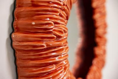 Round Mirror with Orange Red Ceramic Frame Italy 1970s