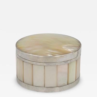Round Mother of Pearl Powder Box with Silver Mounts English circa 1890