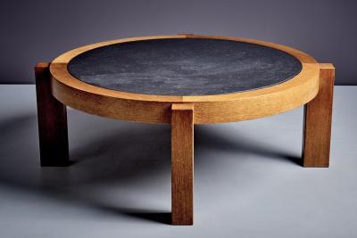 Round Oak Coffee Table with dark Slate Top