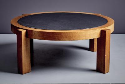 Round Oak Coffee Table with dark Slate Top