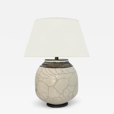 Round White Crackle Table Lamp with Black Rim