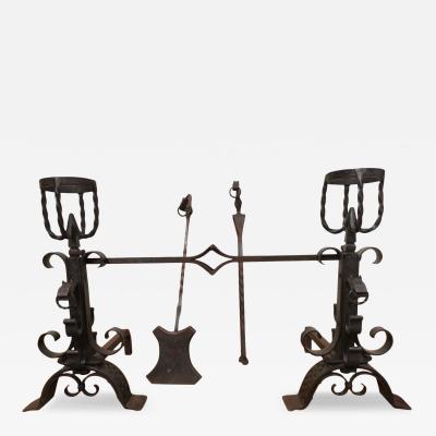 Roy Metalworker France Hand Wrought Iron Fire Dogs Matching Fire Tools Set