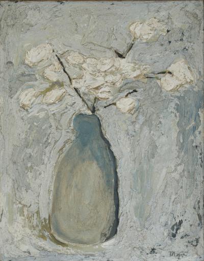 Roy Moyer Textured Still Life with Vase and White Blooms by Roy Moyer