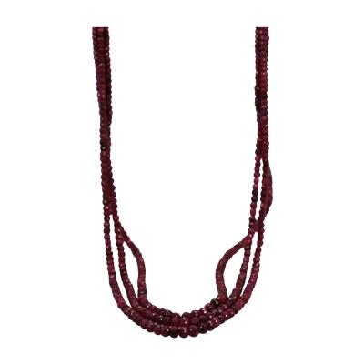 Ruby Triple Strand Bead Necklace with Faceted Ruby and Diamond Stations 18k