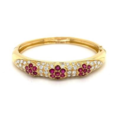 Ruby and Diamond Cluster Bangle Bracelet in 18K Yellow Gold