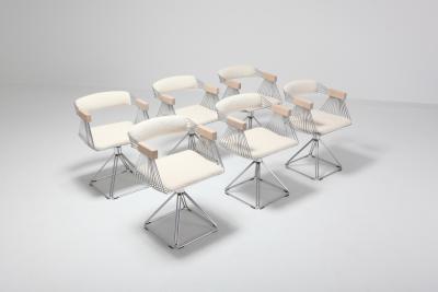 Rudi Verelst Four Postmodern Chromed Steel Wire Swivel Chairs with Ivory Wool Seating