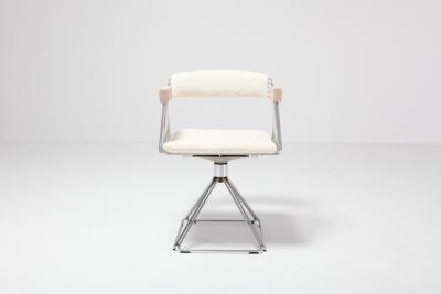 Rudi Verelst Four Postmodern Chromed Steel Wire Swivel Chairs with Ivory Wool Seating