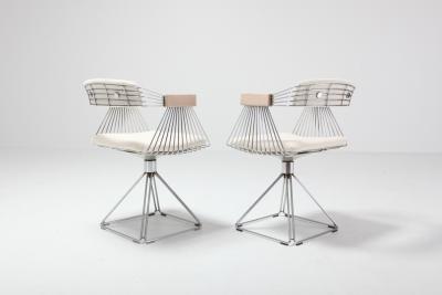 Rudi Verelst Four Postmodern Chromed Steel Wire Swivel Chairs with Ivory Wool Seating